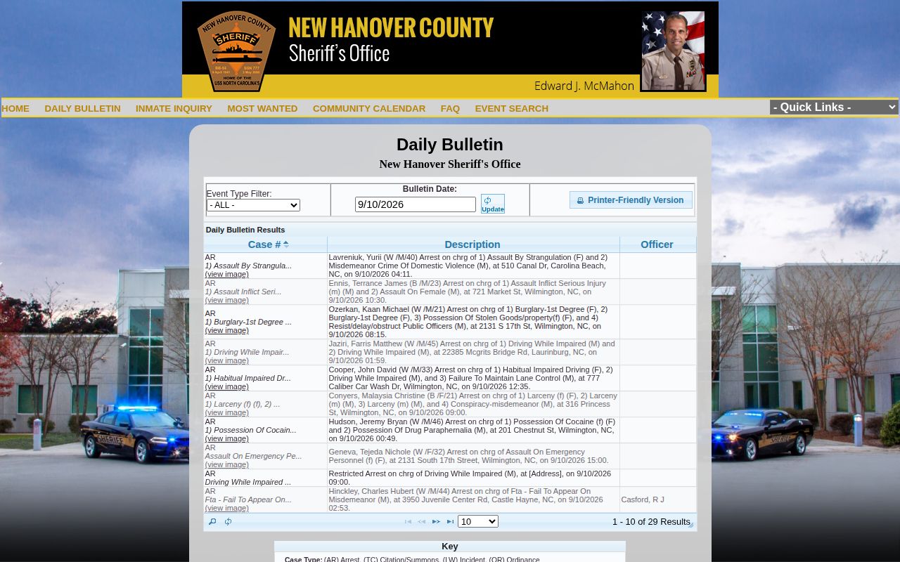 New Hanover County Daily Bulletin date selector and arrest filter