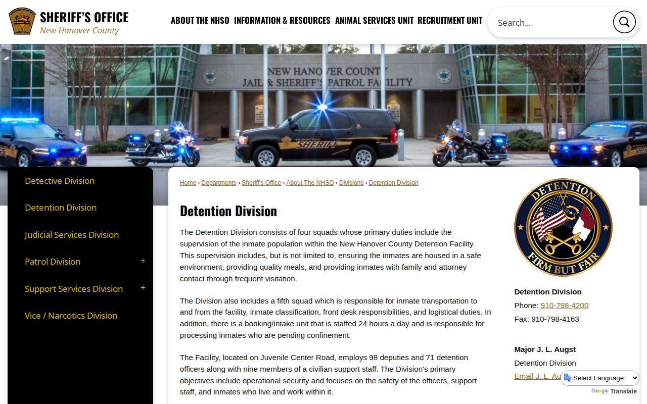 New Hanover County Detention Division booking and arrest intake information