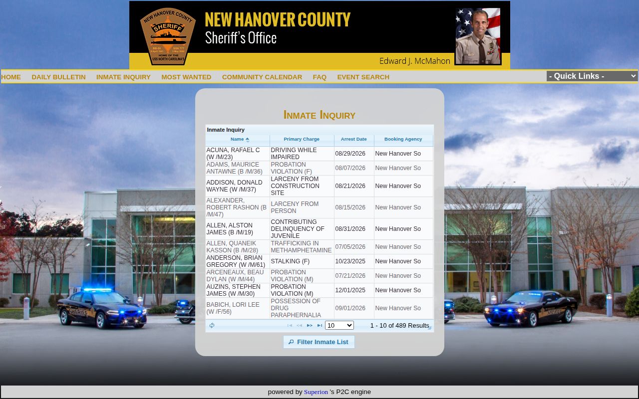 New Hanover County P2C inmate arrest roster search fields