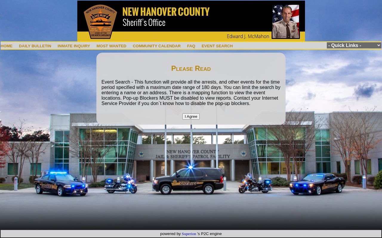 New Hanover County P2C event search and filter interface