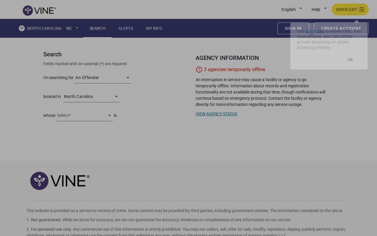 North Carolina VINELink person search screen