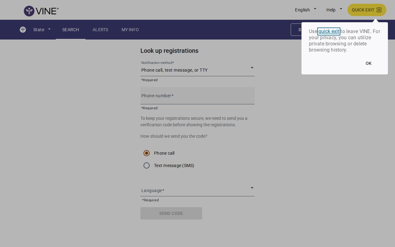 VINELink custody alert registration and PIN screen